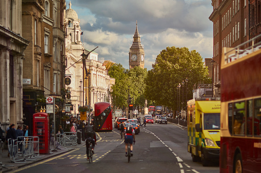 Street in London with Big Ben in the background, UK