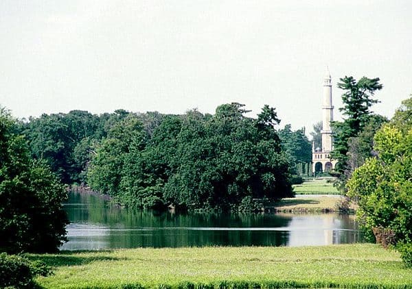Pond and minaret at Castle Gardens. Lednice