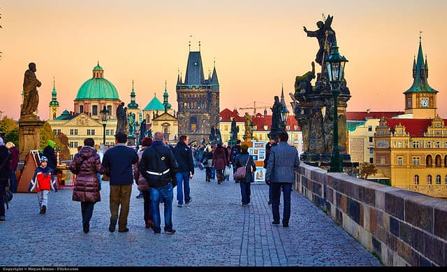 Charles bridge with some persons at dusk