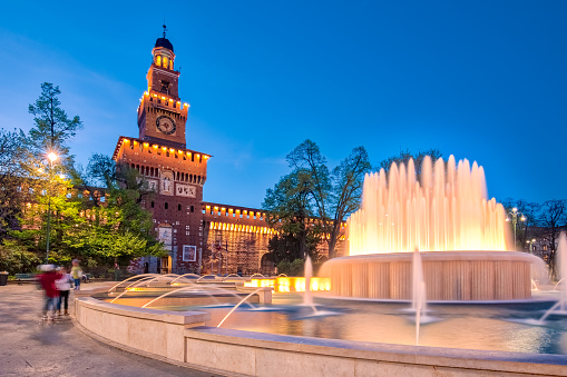 Water fountains in front of Sforzesco Castle