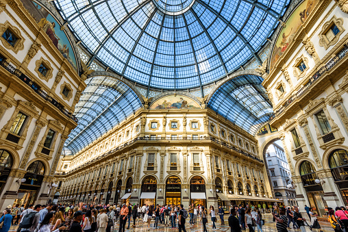 The Galleria Vittorio Emanuele II on the Piazza del Duomo in central Milan. This gallery is one of the world's oldest shopping malls.
